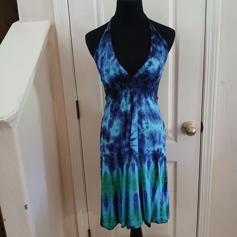 Blue & Green Tie-Dye V-Neck Halter Smocked Back Mini Dress Free size Festival